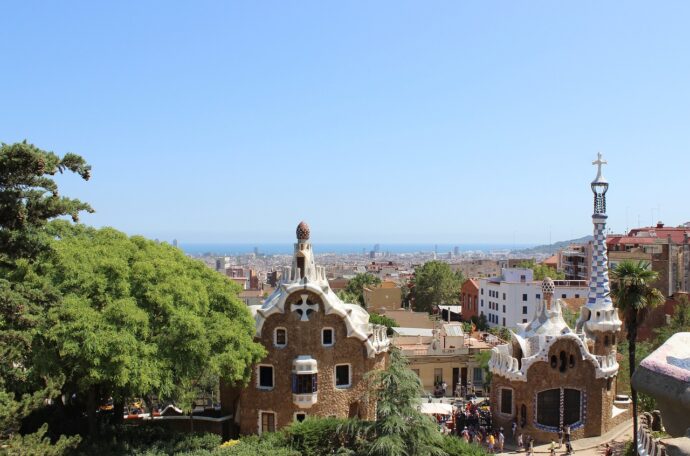 a beautiful park with Gaudi buildings in Barcelona